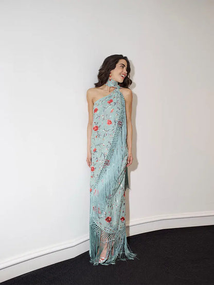 Vestidos elegantes de una pieza para mujer, sin mangas, con cuello tipo bufanda, espalda descubierta, estampado y borlas.