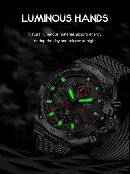 LIGE - Reloj de cuarzo de lujo para hombre, marca superior, moderno, de negocios, con correa de malla, resistente al agua, luminoso, cronógrafo