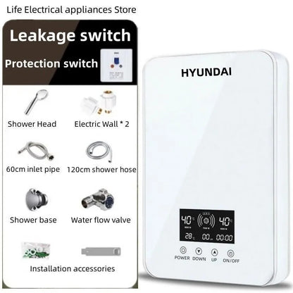 Calentador de agua eléctrico pequeño HYUNDAI con calentamiento rápido e instantáneo, temperatura constante inteligente y pantalla en inglés para ducha o baño.