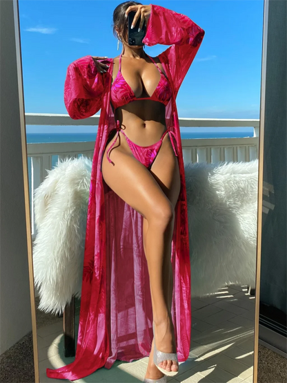 Bikini de tres piezas con tiras triangulares 2025 para mujer, traje de baño tipo kimono, ropa de baño sexy para mujer, traje de baño para playa