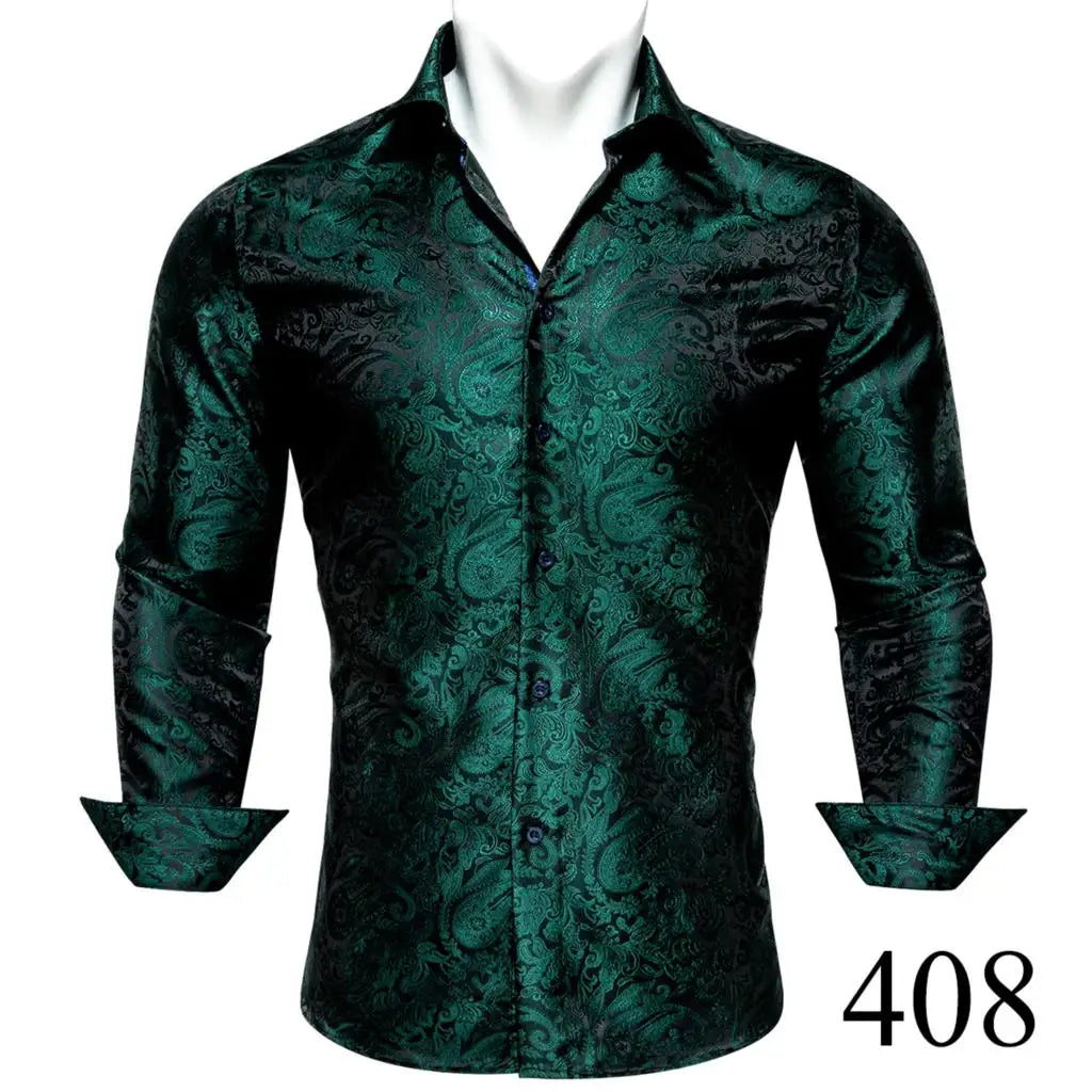 Camisas clásicas negras estampadas y bordadas para hombre, solapa de seda, manga larga, corte formal exquisito, ideales para eventos de negocios y fiestas. Barry.Wang CY-0407
