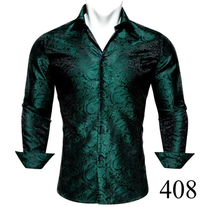 Camisas clásicas negras estampadas y bordadas para hombre, solapa de seda, manga larga, corte formal exquisito, ideales para eventos de negocios y fiestas. Barry.Wang CY-0407