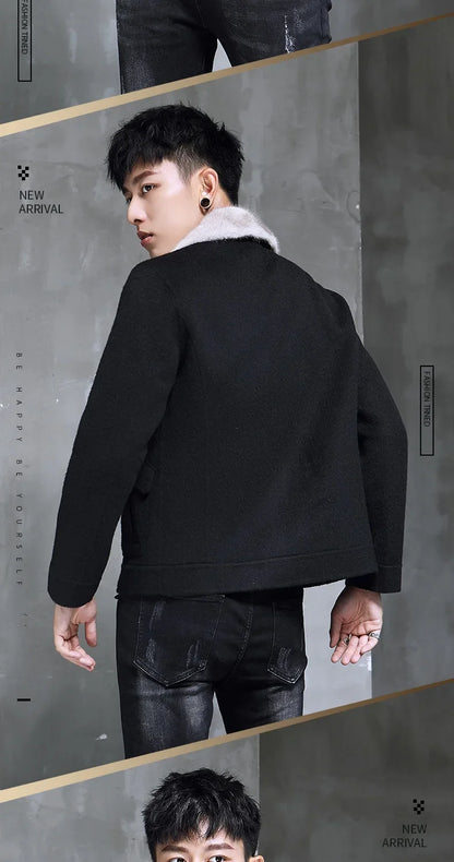 AYUNSUE Spring Autumn Wool Coat Men Double-sided Alpaca Jacket Mink Fur Collar Mens Coats and Jackets Overcoat 1970B KJ3859