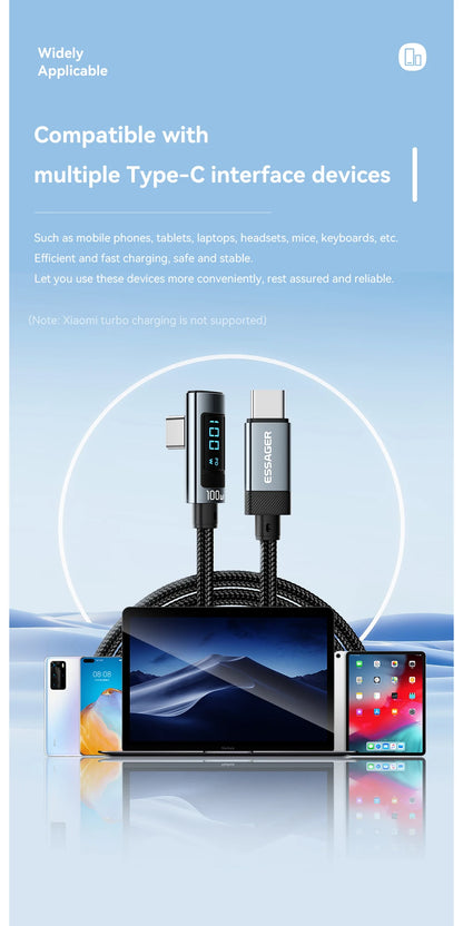 Cable USB C a tipo C Essager PD100W, cable de carga rápida con codo de 90 grados y pantalla para iPhone 15, Huawei, Samsung y MacBook Pro.