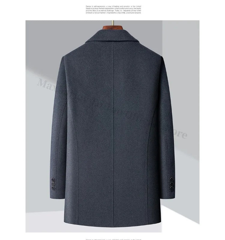 2025 Winter Men Wool Blend Overcoat Mid Length Double Faced Thick Warm Coat Detachable Goose Down Inner Premium TrenchCoat