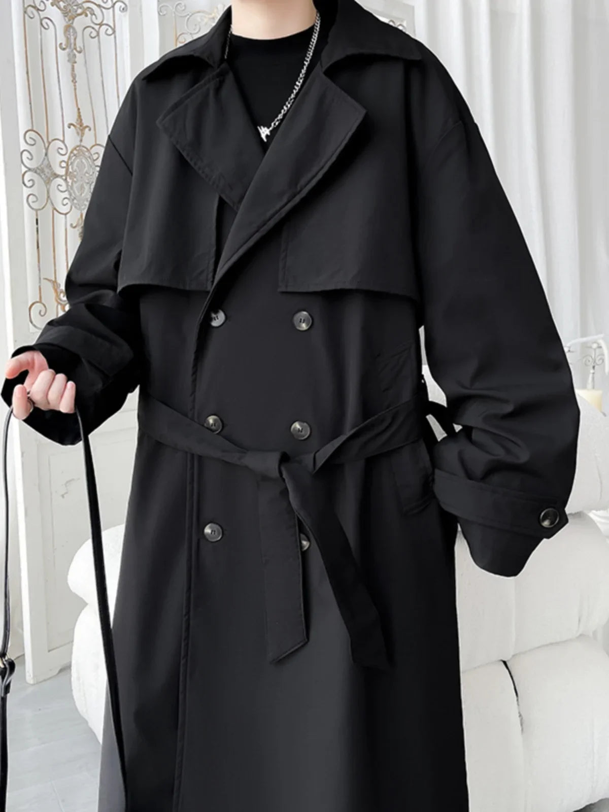 Gabardina de hombre, corte ajustado, cruzada, con cinturón, cortavientos, solapa, chaqueta larga, informal, impermeable, tallas M-5XL