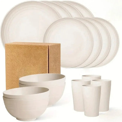 NUEVO Juego de 16 piezas de cuencos, tazas y platos, vajilla negra pura, platos de plástico para la cena y vasos de agua, regalo