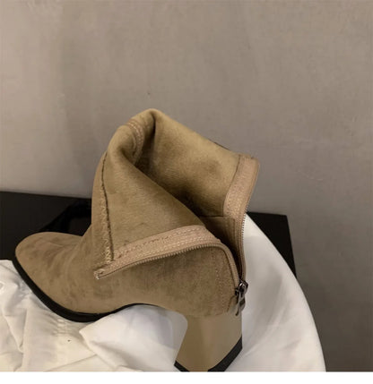 Vintage Women Ankle Boots 2024 Fashion Square Toe Thick High Shoes Autumn Winter New Ladies Elegant Stretch Slim Short Booties