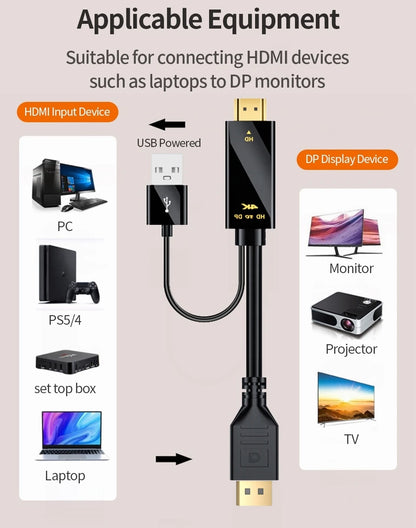 Cable HDMI a DP de 1,8 m (4K, 60 Hz), adaptador convertidor HDMI 2.0 a DisplayPort de 1,8 m (6 pies) con cable de alimentación USB para PS5, PS4 Pro, PC y portátil.