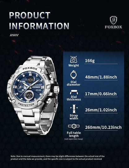 FOXBOX Relojes deportivos de lujo para hombre, reloj de pulsera de cuarzo de lujo, acero, resistente al agua, doble pantalla, relojes militares para hombre, reloj hommes