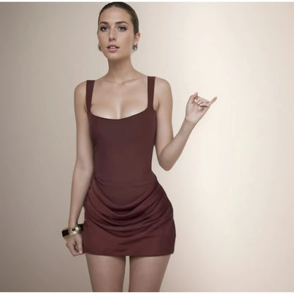 Women Coffee Pleated Sling Evening Mini Dresses Fashion Sleeveless High Waist U Neck Slim Short Dress Lady Highstreet Party Robe