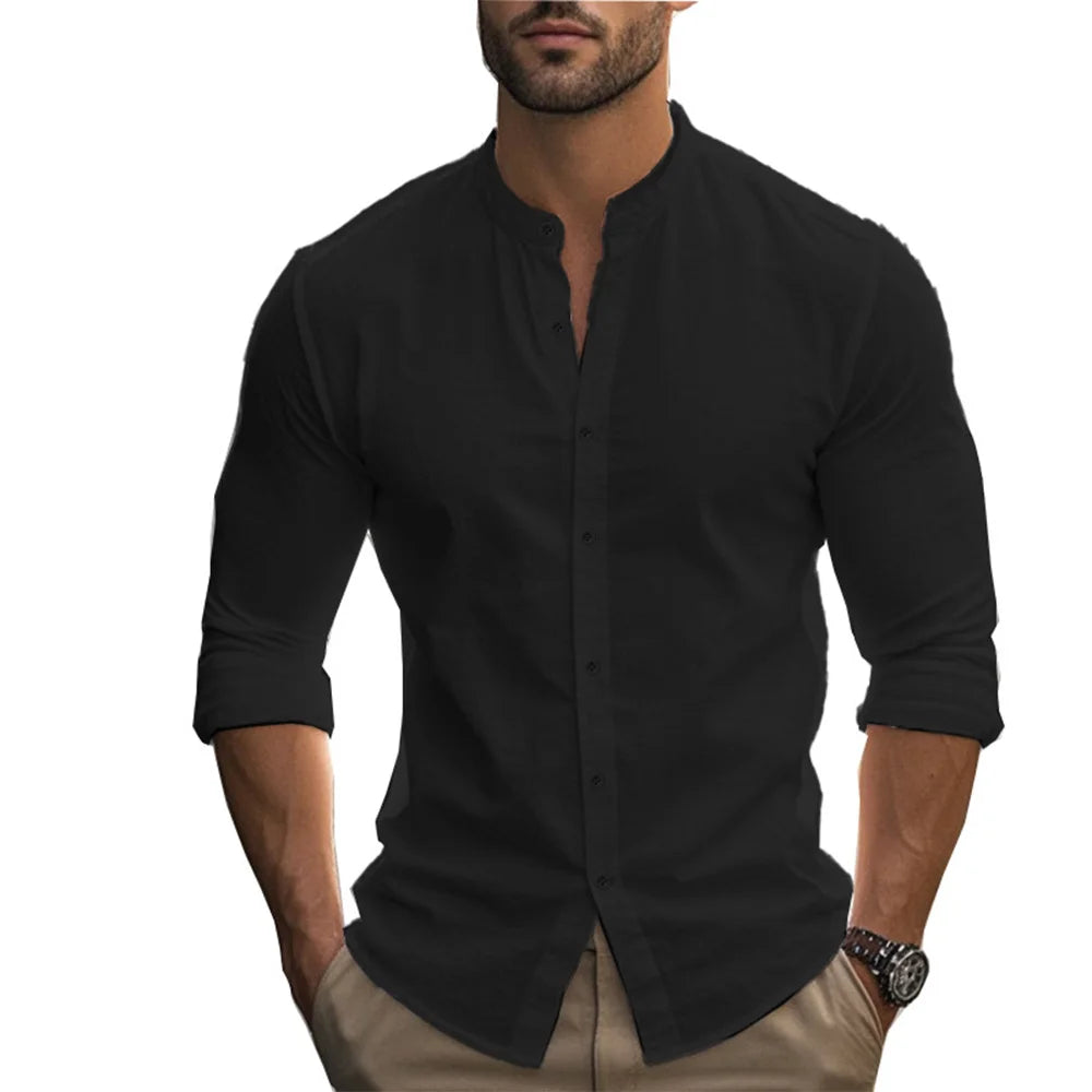 Camisas Henry para hombre, de algodón y lino, corte ajustado, informales, hawaianas, de color liso, estilo básico, para primavera y verano, transpirables.