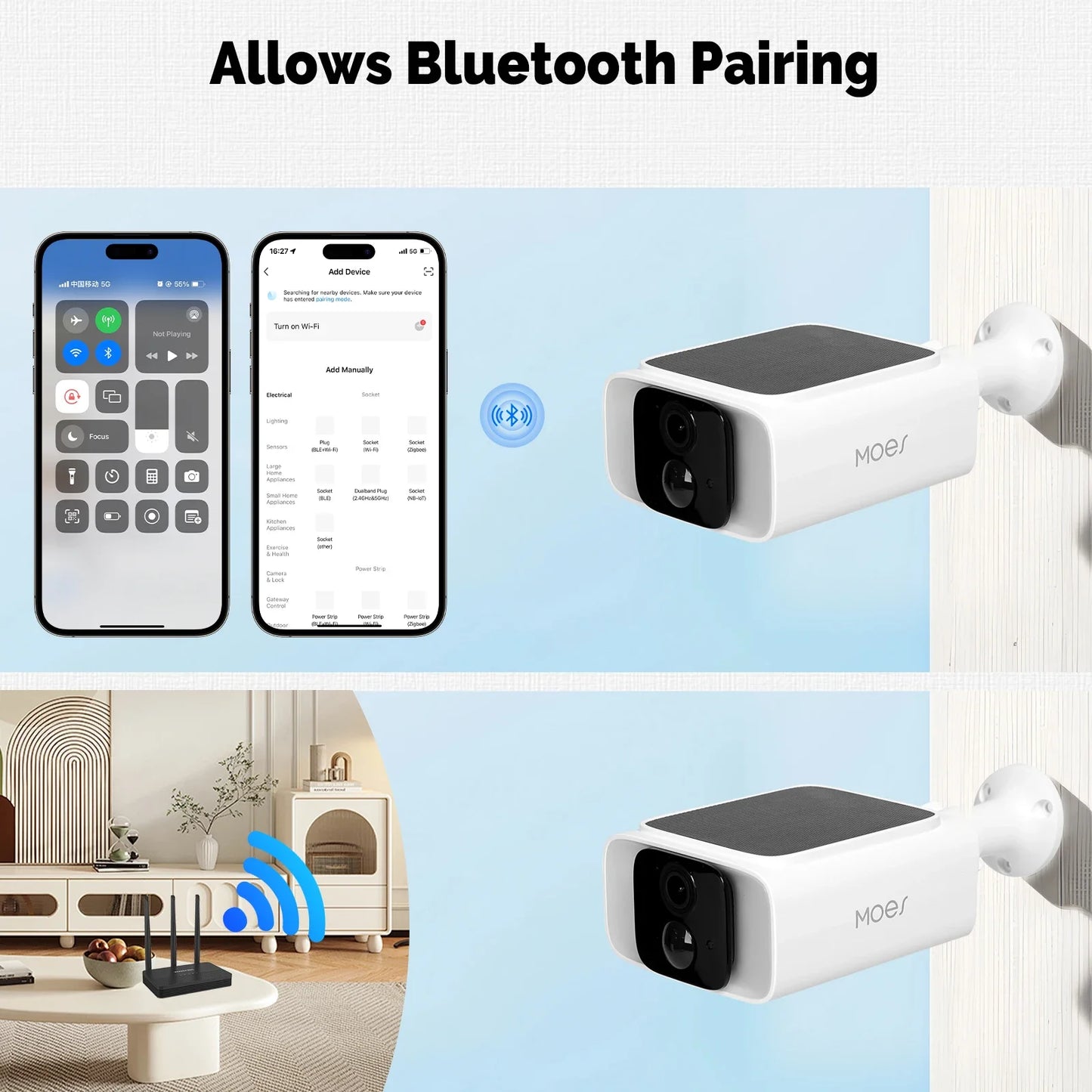 Cámara de seguridad solar inteligente MOES, WiFi de doble banda 2.4/5 GHz, resistente al agua IP65, monitoreo mediante aplicación (Alexa/Google Home), Tuya