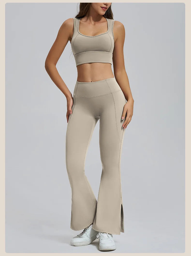 Conjuntos de yoga para mujer, sujetador deportivo con espalda hueca y amortiguación, leggings de cintura alta y acampanados, ropa de gimnasio, ropa para correr y entrenar.