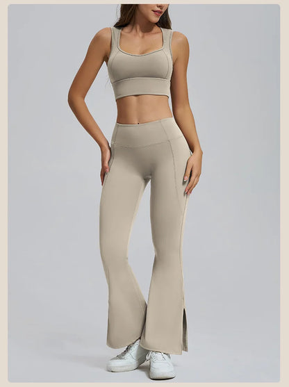 Conjuntos de yoga para mujer, sujetador deportivo con espalda hueca y amortiguación, leggings de cintura alta y acampanados, ropa de gimnasio, ropa para correr y entrenar.