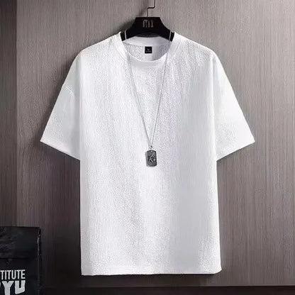 Camiseta de manga corta de lino suelto y seda helada para hombre, estilo nuevo de verano, camisa blanca de media manga, ropa interior térmica
