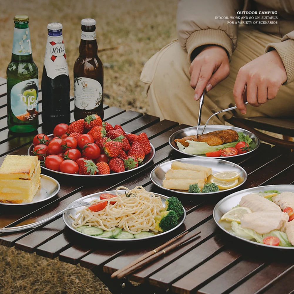 Plato de camping de acero inoxidable, vajilla, contenedor de alimentos, plato de picnic, utensilios de cocina, equipo de camping para senderismo, suministros de camping, nueva base