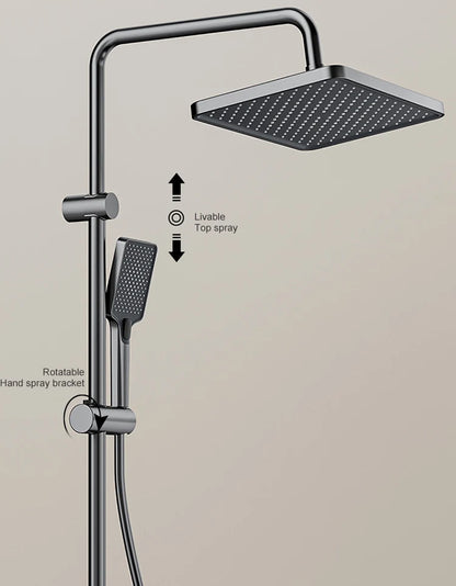 Sistema de ducha con luz ambiental y botones de piano grises, pantalla digital, grifos tipo lluvia y cabezal de ducha.