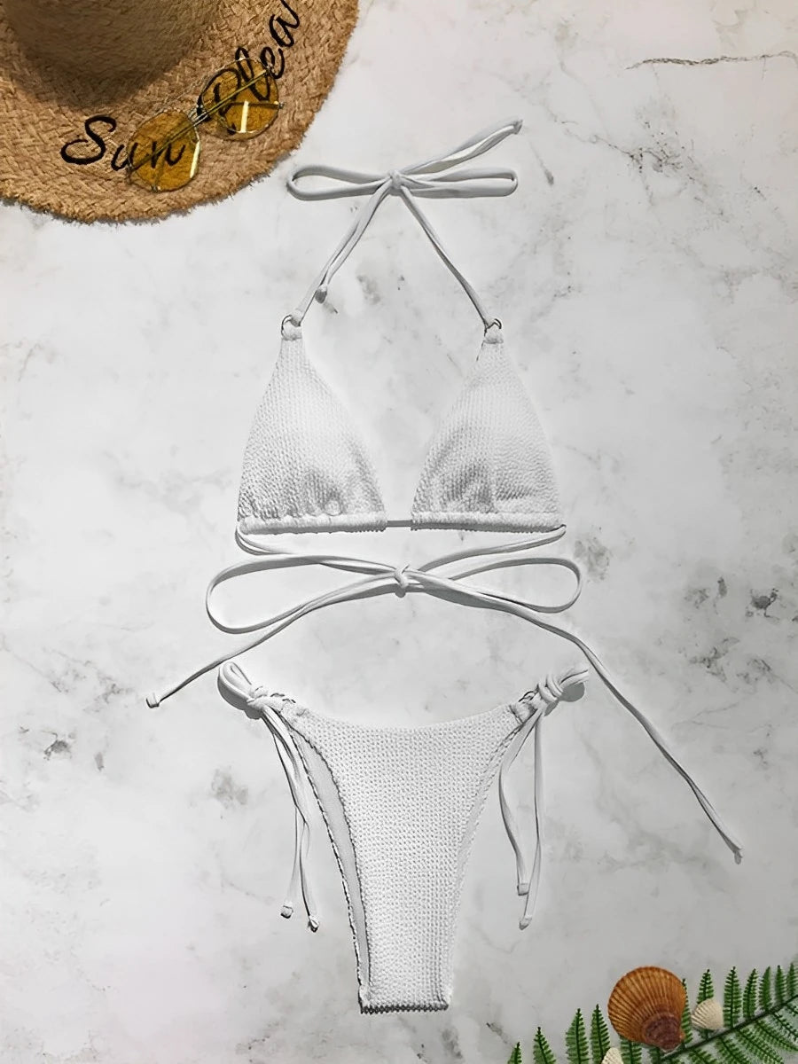 2025 Halter String Bikini Bandage Swimsuit Women Sexy Solid Swimwear Female Bathers Bathing Swimming Swim Suit Beachwear