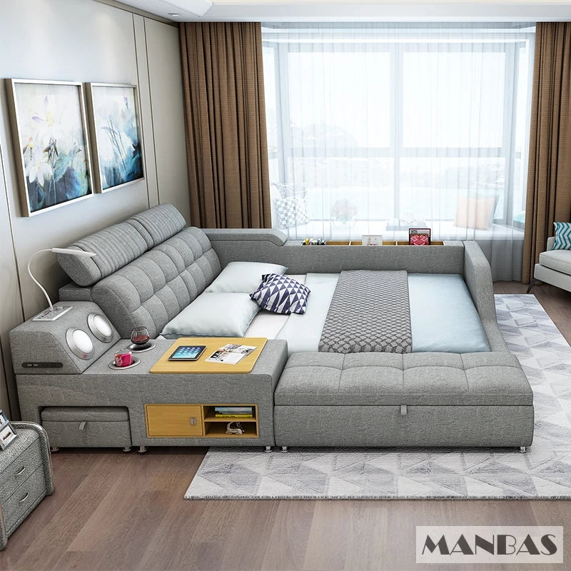 Moderna cama inteligente multifuncional con almacenamiento, altavoces, USB, estanterías y tatami: cama de lujo tamaño king/queen Ultimate