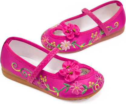 Zapatos planos con bordado floral para niñas, estilo chino, cómodos, protectores para pies, talla 25-34