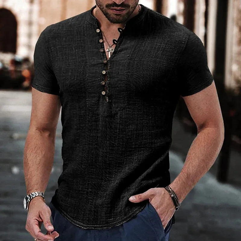 Nueva camiseta de manga corta para hombre, de algodón y lino con botones. Ropa casual para hombre. Camisetas populares para hombre.