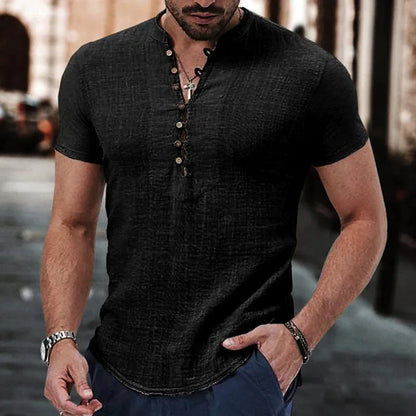 Nueva camiseta de manga corta para hombre, de algodón y lino con botones. Ropa casual para hombre. Camisetas populares para hombre.