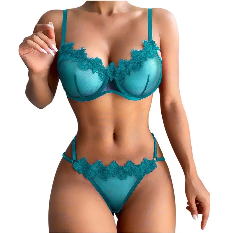 Conjunto de lencería sexy Tornova, color sólido, encaje transparente, conjunto de dos piezas, encaje de malla con parches, ropa interior femenina atractiva.