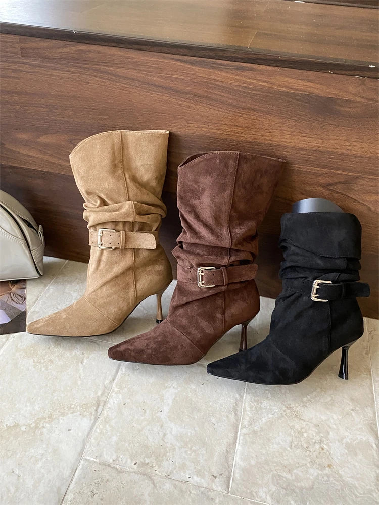 Eilyken Street Style Sexy Thin Heels Women Ankle Boots Punk Pleated Buckle Strap Booties Stripper Party Shoes Zapatos De Mujer