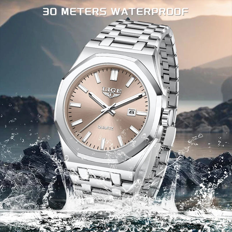 Reloj para hombre LIGE, resistente al agua, de acero inoxidable, luminoso, de negocios, de cuarzo, de moda, con calendario