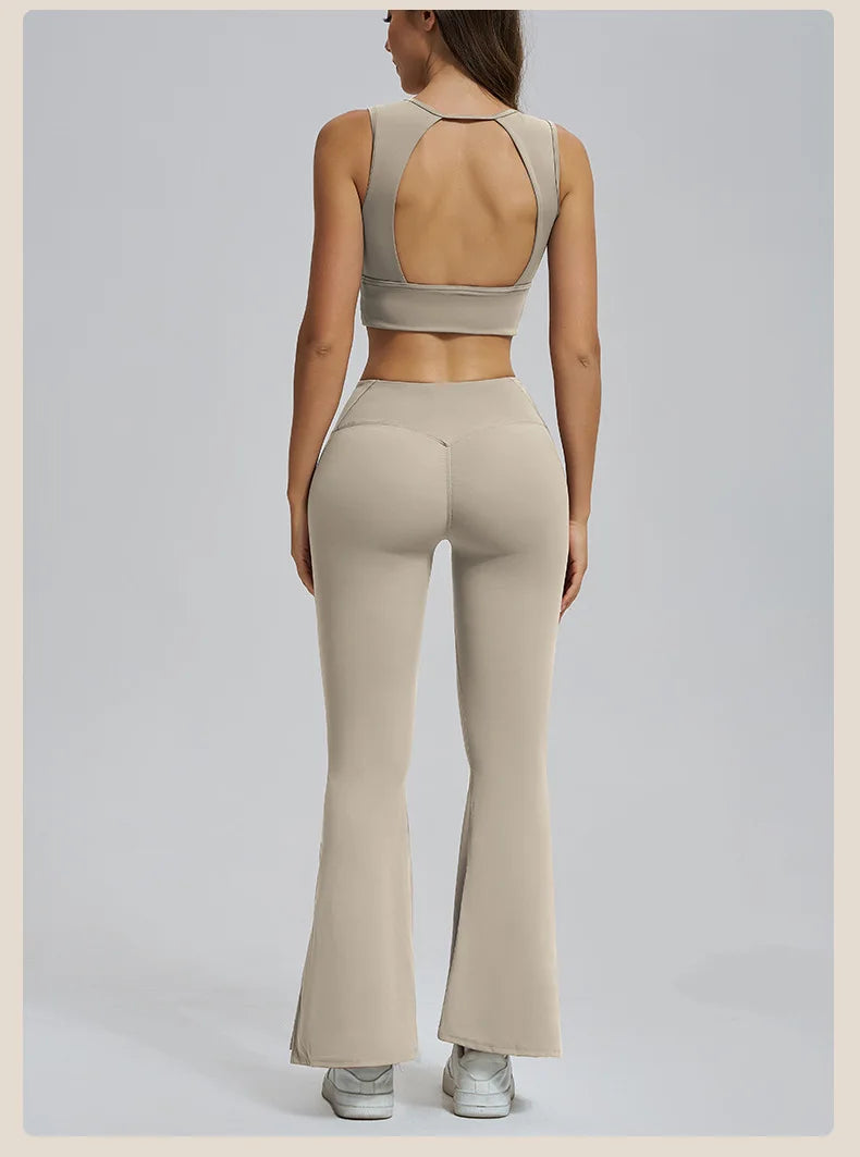 Conjuntos de yoga para mujer, sujetador deportivo con espalda hueca y amortiguación, leggings de cintura alta y acampanados, ropa de gimnasio, ropa para correr y entrenar.