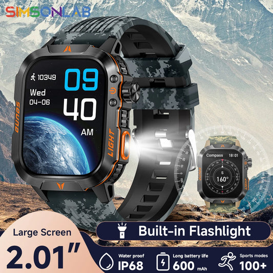 Reloj inteligente 2024 con pantalla 2.01, linterna para exteriores, brújula, IP68, resistente al agua, llamadas inalámbricas, batería de 600 mAh, modo deportivo de 100+