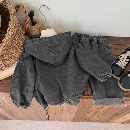 Ropa para niños Primavera y Otoño, sudadera con capucha de mezclilla para niño, conjunto de pantalón y top de manga larga de color liso Baoyang para mujer