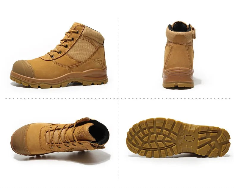 Botas de seguridad de lujo de caña alta en piel de vacuno para hombre, con puntera de acero, protección antiimpactos y antipinchazos, resistentes al desgaste.