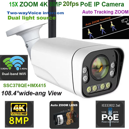 Cámara IP 4K 8MP WIFI con zoom 15x, seguimiento, PoE, protocolo RTMP Hikvision, tarjeta SD/TF de 512 GB, infrarrojos de 30 m, visión nocturna a color de 20 m