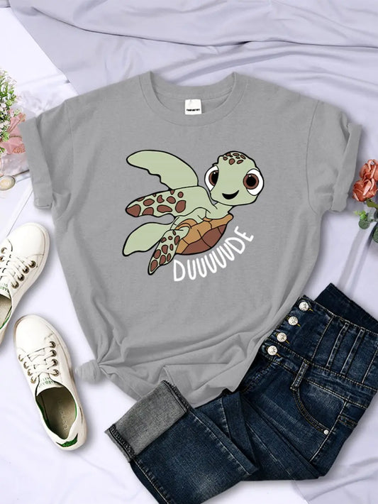 Camisetas sencillas para mujer, con estampado de letras de tortuga de dibujos animados, camisetas cómodas y suaves con cuello redondo, ropa informal de verano para mujer