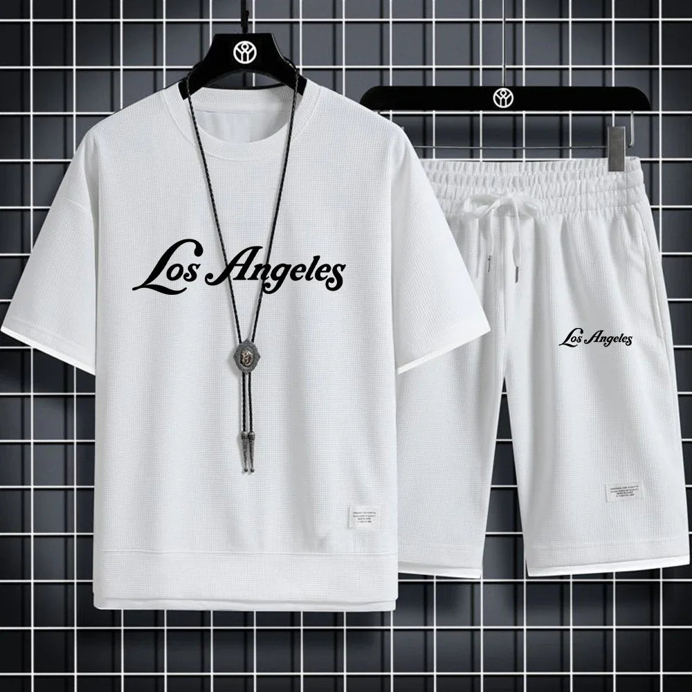 Conjunto de camiseta y pantalones cortos deportivos, conjunto deportivo de verano para hombre, conjunto informal sencillo de manga corta con forma de gofre