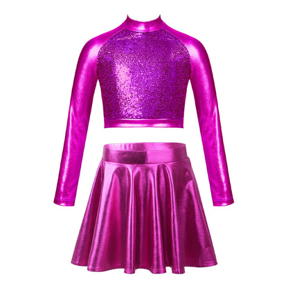 Ropa para niños, blusas sin mangas metálicas para niñas, minifalda plisada acampanada, conjunto de 2 piezas para niños, ropa de baile