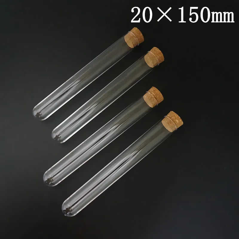 Tubos de ensayo de plástico transparente de 60 mm a 180 mm con tapones de corcho, ideales para laboratorios escolares, regalos de boda, etc.