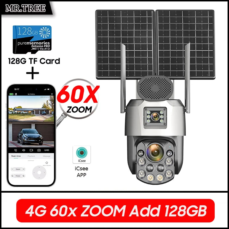 Cámara de vigilancia solar exterior iCsee 4G de 25 W, resolución 4K, zoom óptico 60X, seguimiento automático, batería de 31200 mAh, grabación continua 24/7, cámara IP de seguridad PTZ.