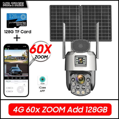 Cámara de vigilancia solar exterior iCsee 4G de 25 W, resolución 4K, zoom óptico 60X, seguimiento automático, batería de 31200 mAh, grabación continua 24/7, cámara IP de seguridad PTZ.