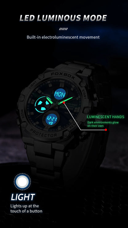 FOXBOX Relojes deportivos de lujo para hombre, reloj de pulsera de cuarzo de lujo, acero, resistente al agua, doble pantalla, relojes militares para hombre, reloj hommes