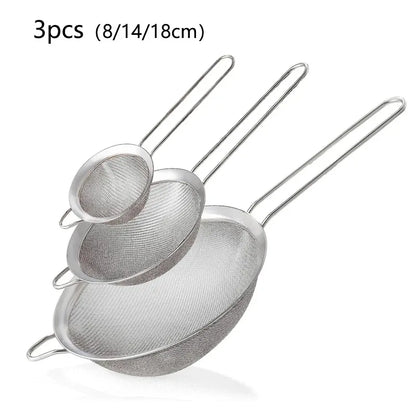 Filtro de malla de acero inoxidable con cuchara ranurada, esencial para la cocina, paquete de 3, colador de alimentos finos con mango largo para cocinar