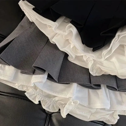 Minifalda negra con volantes Mooyufon para mujer, estilo coreano, con diseño de patchwork, plisada, estilo japonés kawaii, de cintura alta, combina con todo, estilo línea A, nueva