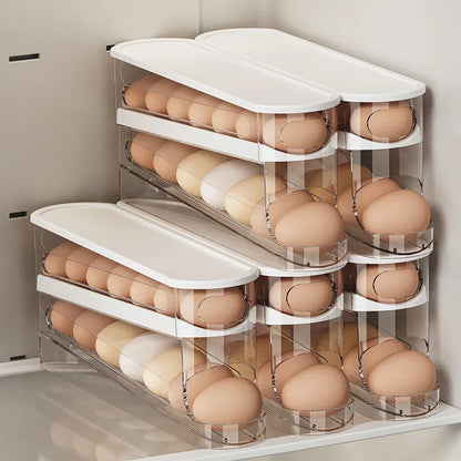 Caja de almacenamiento de huevos para refrigerador de dos capas, soporte automático para huevos con ruedas, estante estilo escalera, dispensador de huevos para refrigerador, organizador de huevos