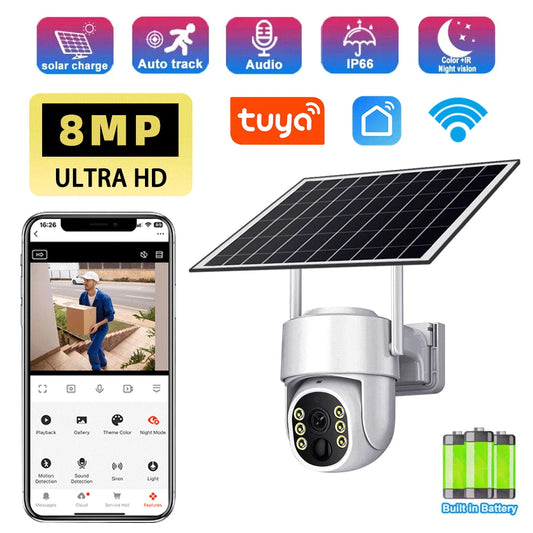 Cámara Tuya de 8 MP con energía solar, conexión wifi, detección humana PIR, visión nocturna, diseño resistente al agua, batería interna de seguridad para exteriores.