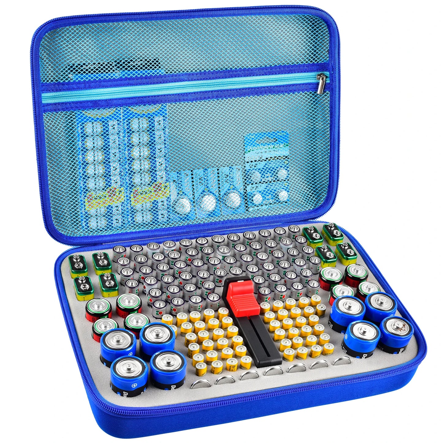 Estuche organizador de baterías, contenedor para guardar baterías con comprobador. Caja organizadora para garaje.
