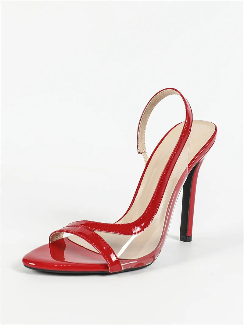 Liyke Sandalias de verano a la moda con punta abierta y poco profunda de PVC con tiras traseras transparentes para mujer, zapatos de tacón alto rojos para boda y graduación