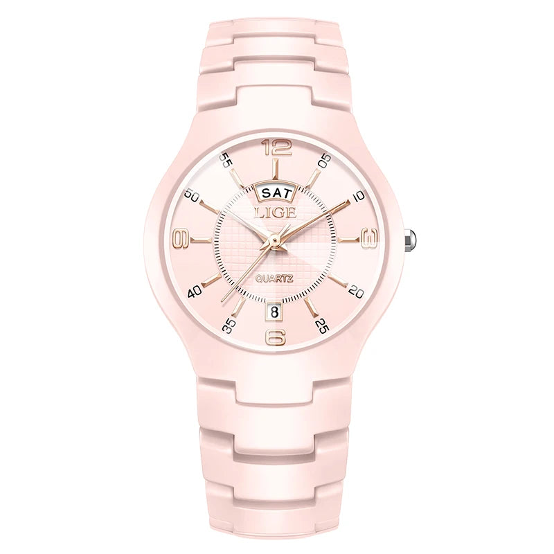 Reloj de cuarzo de cerámica de moda LIGE para mujer, reloj deportivo informal con fecha semanal, reloj creativo de acero resistente al agua para mujer