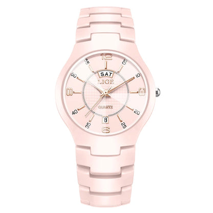 Reloj de cuarzo de cerámica de moda LIGE para mujer, reloj deportivo informal con fecha semanal, reloj creativo de acero resistente al agua para mujer